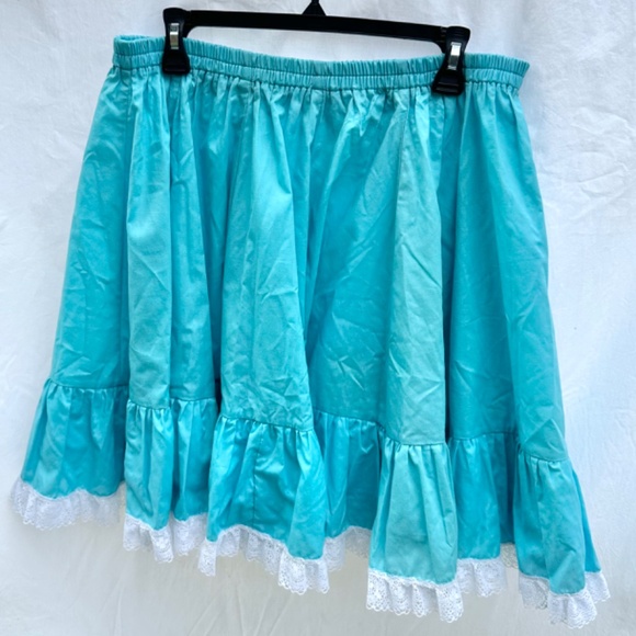 Cotton Teal Blue Lace Trim Tiered Flowy Midi Skirt - Picture 2 of 3